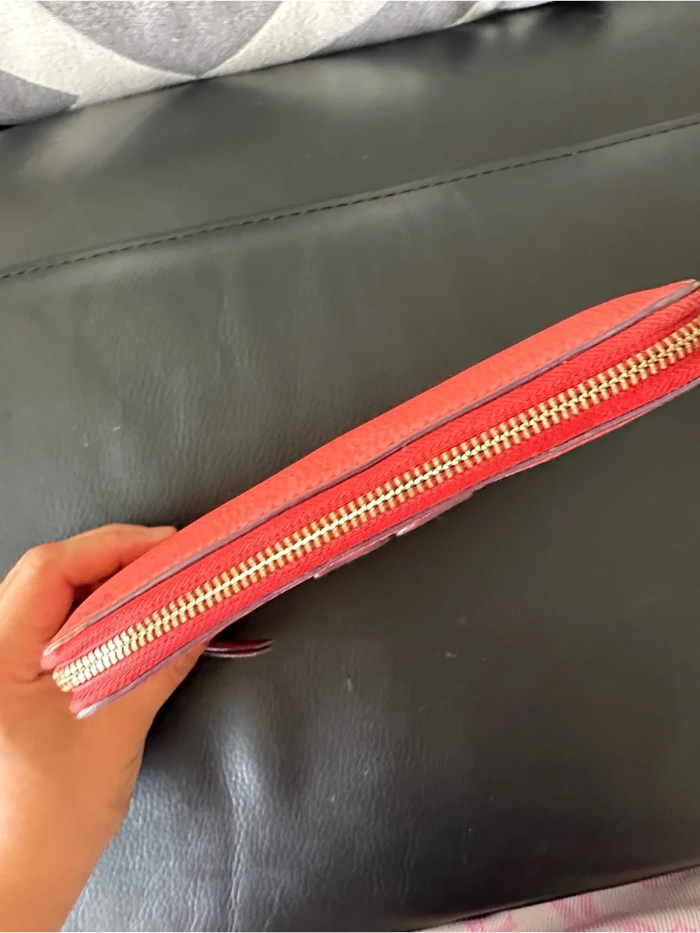 Tory Burch Red Pebbled Leather Zip Wallet with Logo